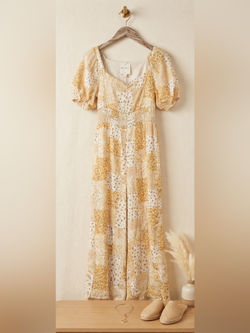 American Eagle Outfitters Yellow & Cream Printed Puff-Sleeve Jumpsuit